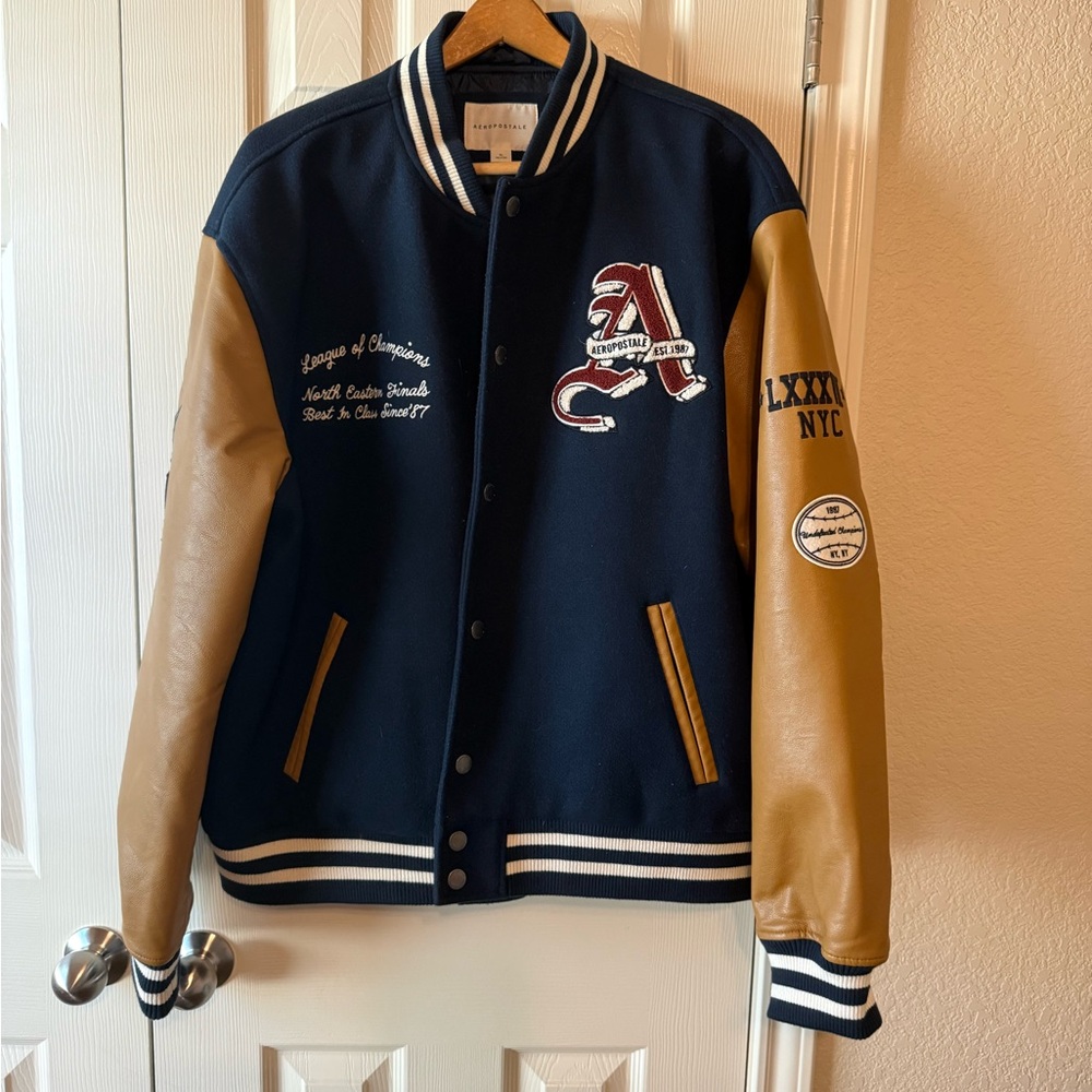 Aeropostale Navy and Tan Varsity Jacket